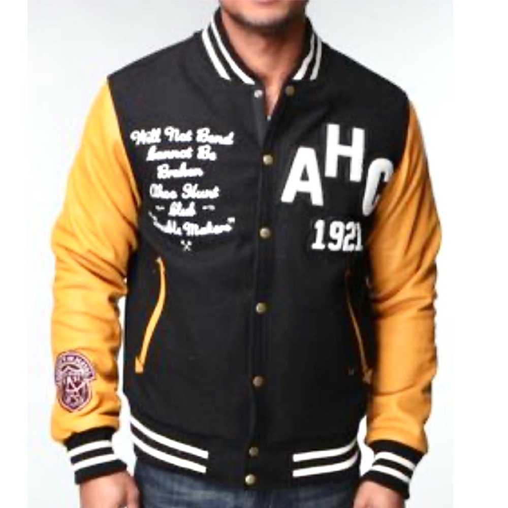 Akoo Brand Marauder Jet Black Wool Leather Letterman Jacket XL